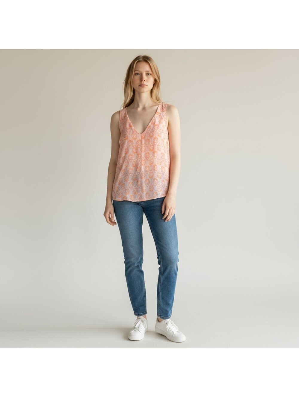 Old Navy Top Women L Large Pink Geometric V-Neck Sleeveless Wide Strap Casual